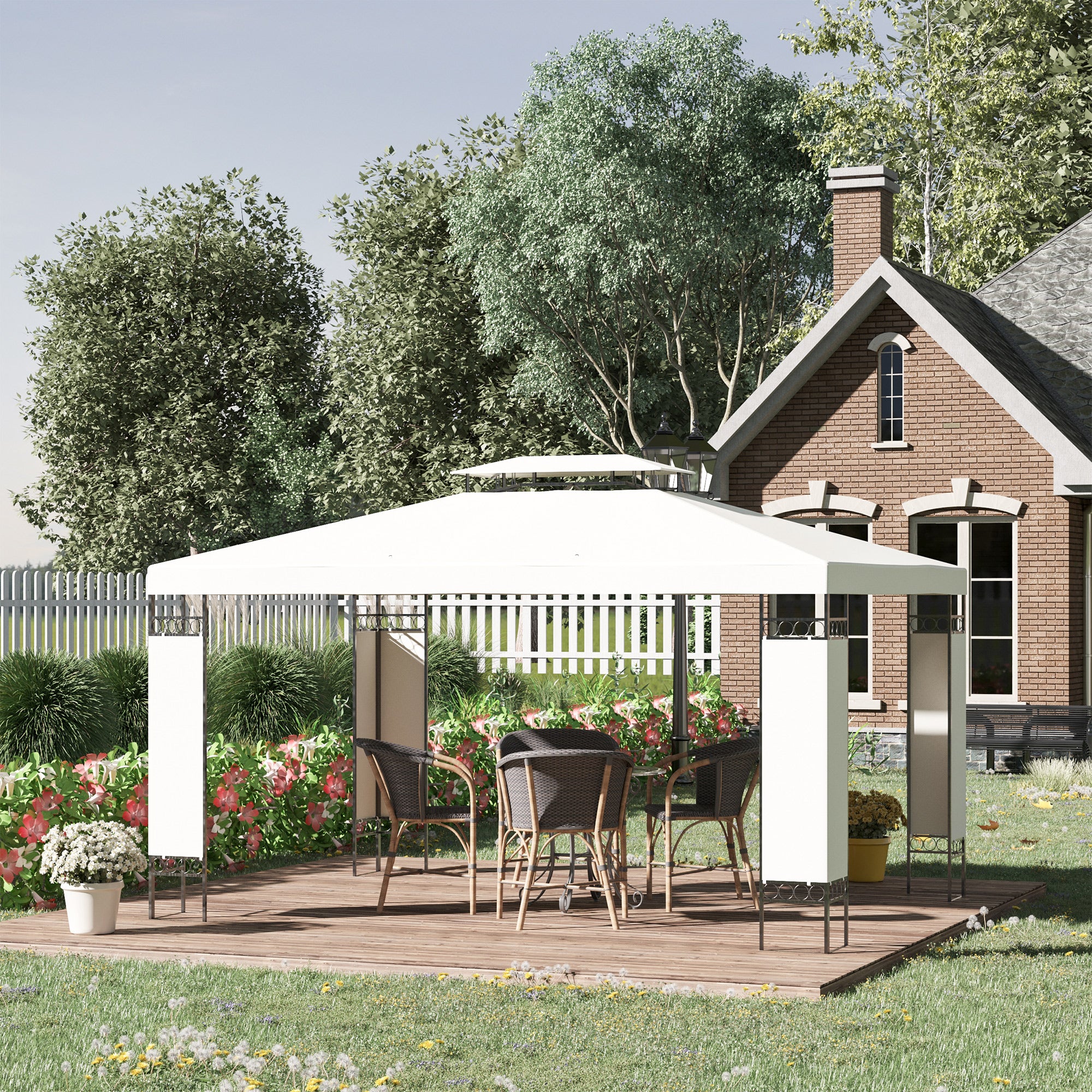10' x 13' Outdoor Gazebo, Double Roof Patio Gazebo Canopy Shelter with Screen Decorate Corner Frame, White