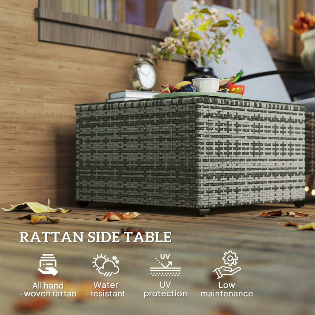 24.4" Patio Wicker Coffee Table, PE Rattan Outdoor Side Table with Tempered Glass Top, Light Grey