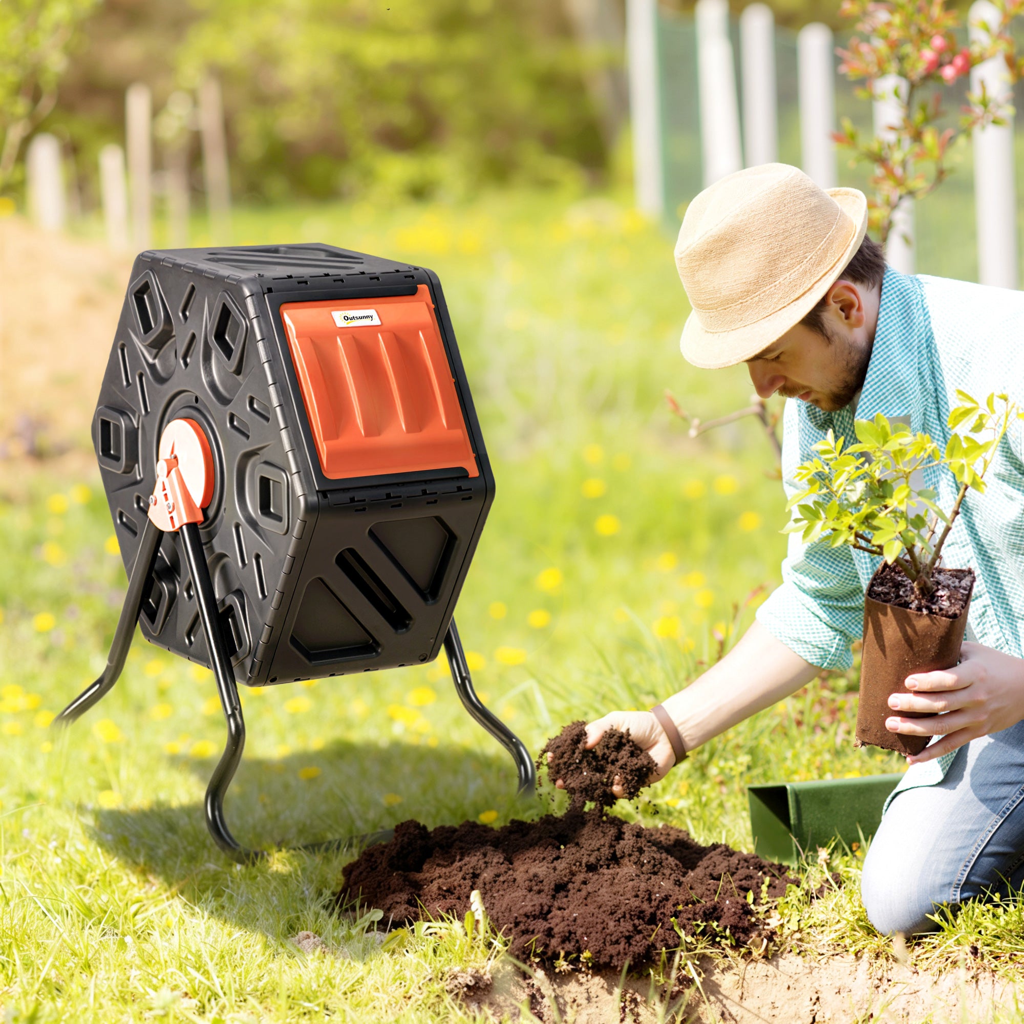 Rotating Composter, Compost Bin with 24 Vents and Steel Legs, 17 Gallon, Orange