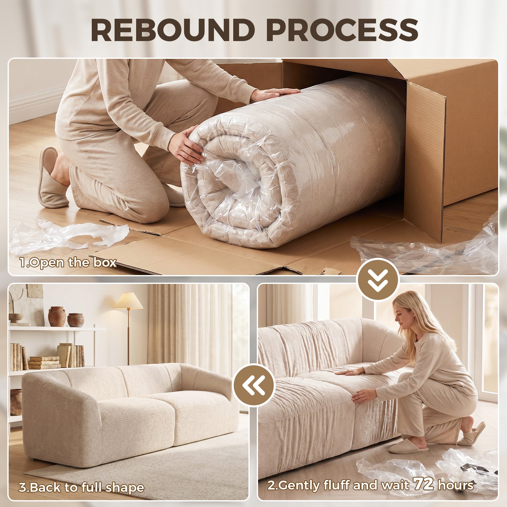 3 Seater Sofa, Chenille Boneless Cloud Couch with Spring Cushion, Wide and Deep Seat, Beige