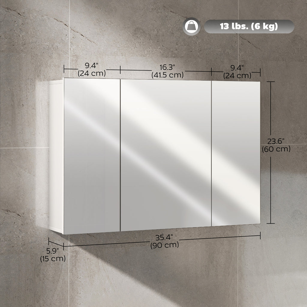 35" x 24" Wall Mounted Mirror Cabinet, Bathroom Medicine Cabinet with Mirror, 3 Doors and Adjustable Shelves, White