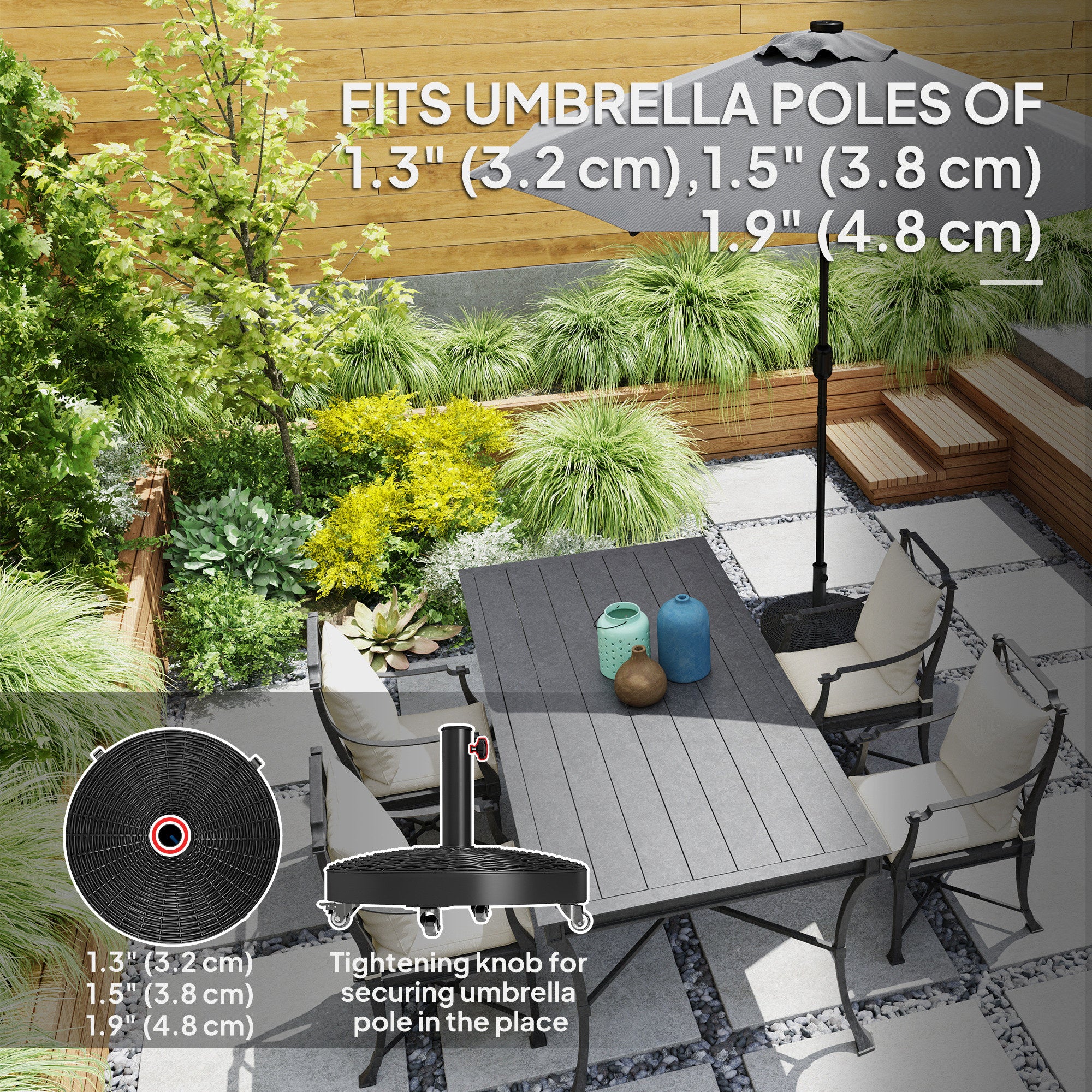 Round Umbrella Base with Wheels, Cement-Filled 55 lbs Parasol Stand, Black - Great for Garden and Patio