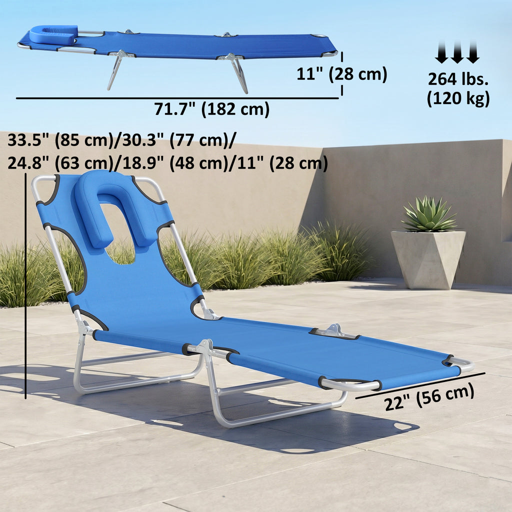 Folding Lounge Chair Outdoor, Tanning Chair with Face Hole Arm Slots, Beach Chaise Lounger with Pillow, 5-Position Adjustable Portable Sun Lounger Bed for Pool, Blue