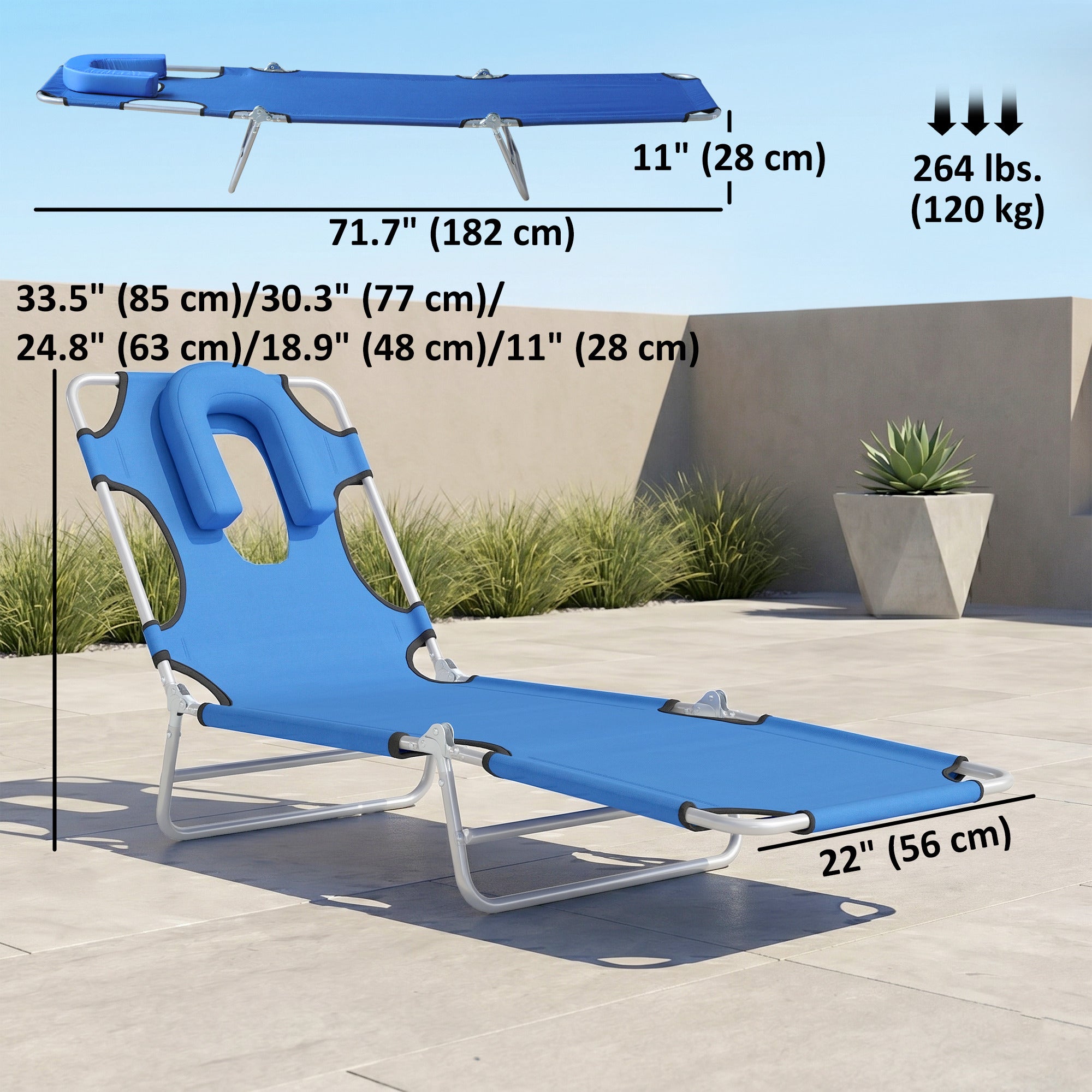 Folding Lounge Chair Outdoor, Tanning Chair with Face Hole Arm Slots, Beach Chaise Lounger with Pillow, 5-Position Adjustable Portable Sun Lounger Bed for Pool, Blue