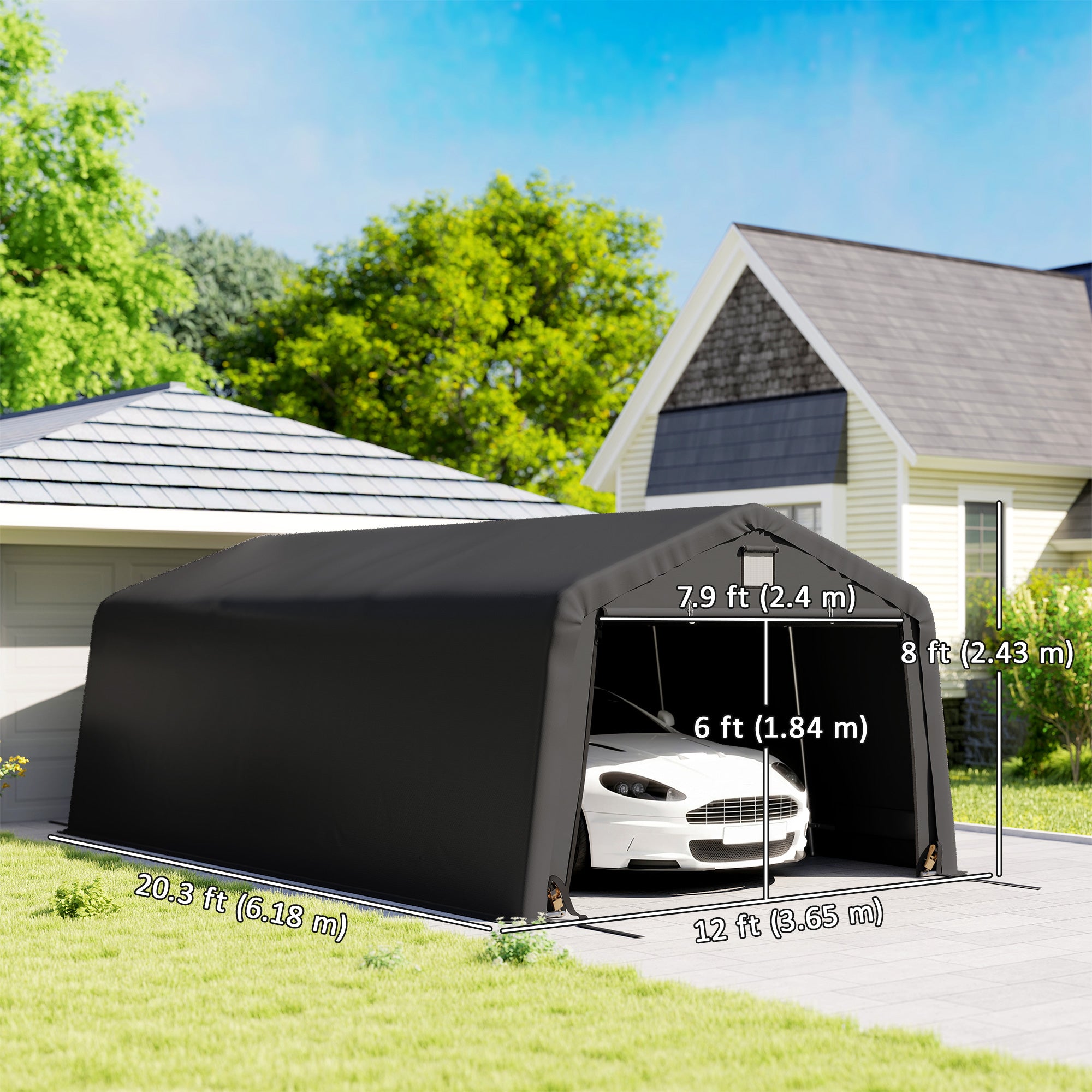 12' x 20' Portable Garage, Heavy Duty Carport Canopy with Ventilation Windows and Large Roll-up Door, Black