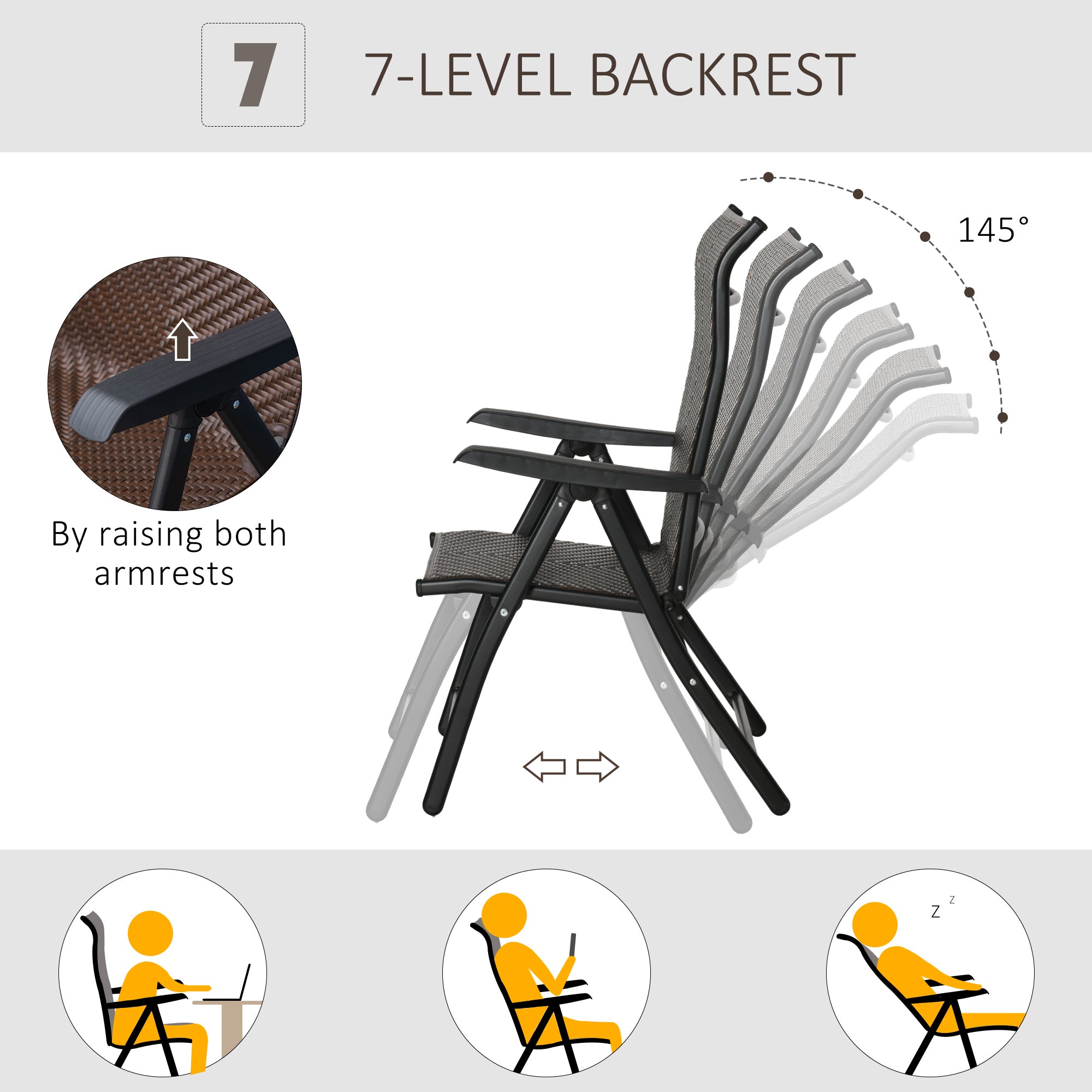 Rattan Reclining Folding Chair, Outdoor Wicker Portable Recliner with 7 Adjustable Backrest Position for Garden, Balcony, Patio, Brown
