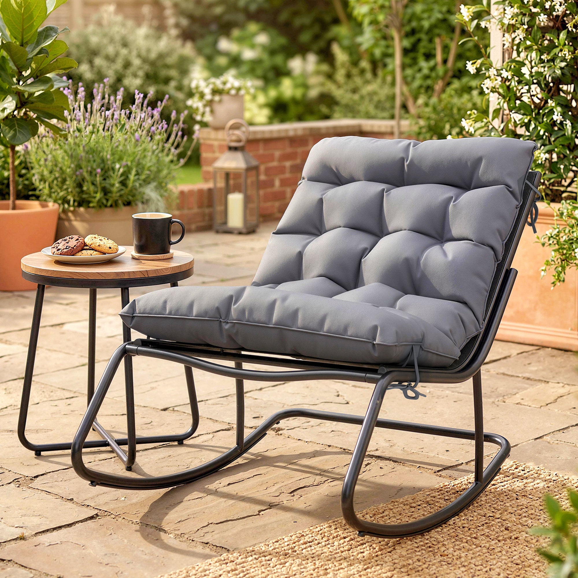 Outdoor Rocking Chair, Oversized Rocking Patio Chair with 25" Extra Wide Mesh Seat and Cushion, Dark Grey