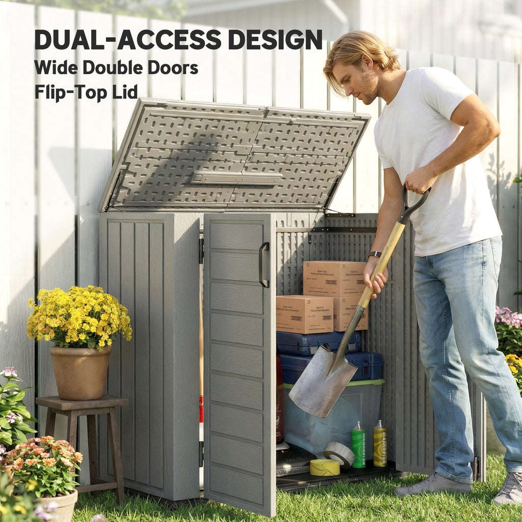 33 Cu.ft Plastic Outdoor Storage Shed, Storage Cabinet Tool Box with Lockable Double Doors and Flip-Top Lid Light Grey