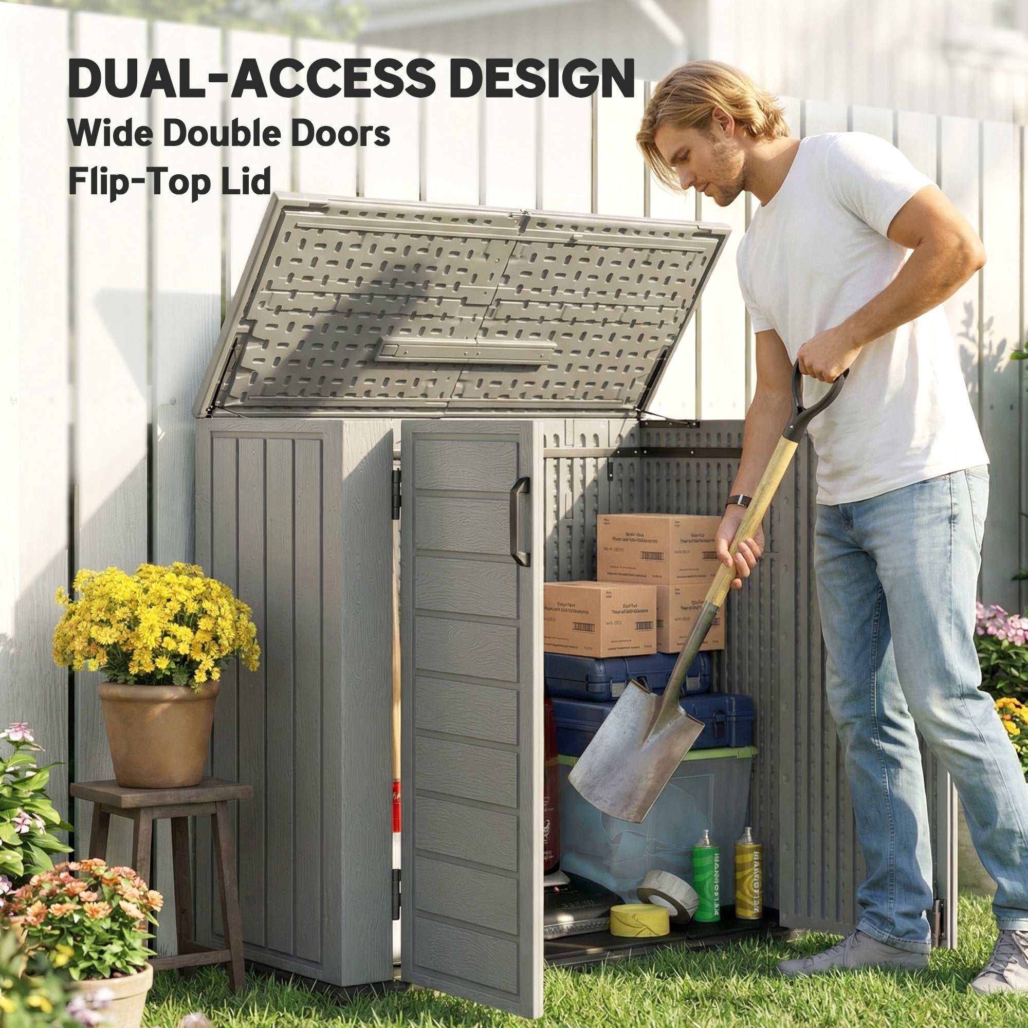 33 Cu.ft Plastic Outdoor Storage Shed, Storage Cabinet Tool Box with Lockable Double Doors and Flip-Top Lid Light Grey