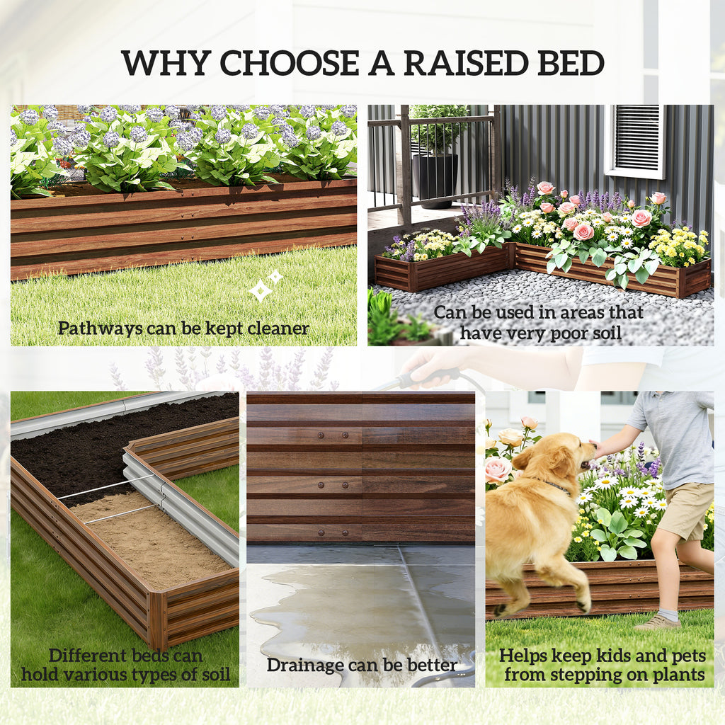 L-Shaped Raised Garden Bed, 82" x 109" x 12" Galvanized Steel Planter Box with Multi-reinforced Rods for Vegetables, Flowers and Herbs, Dark Brown Wood Effect