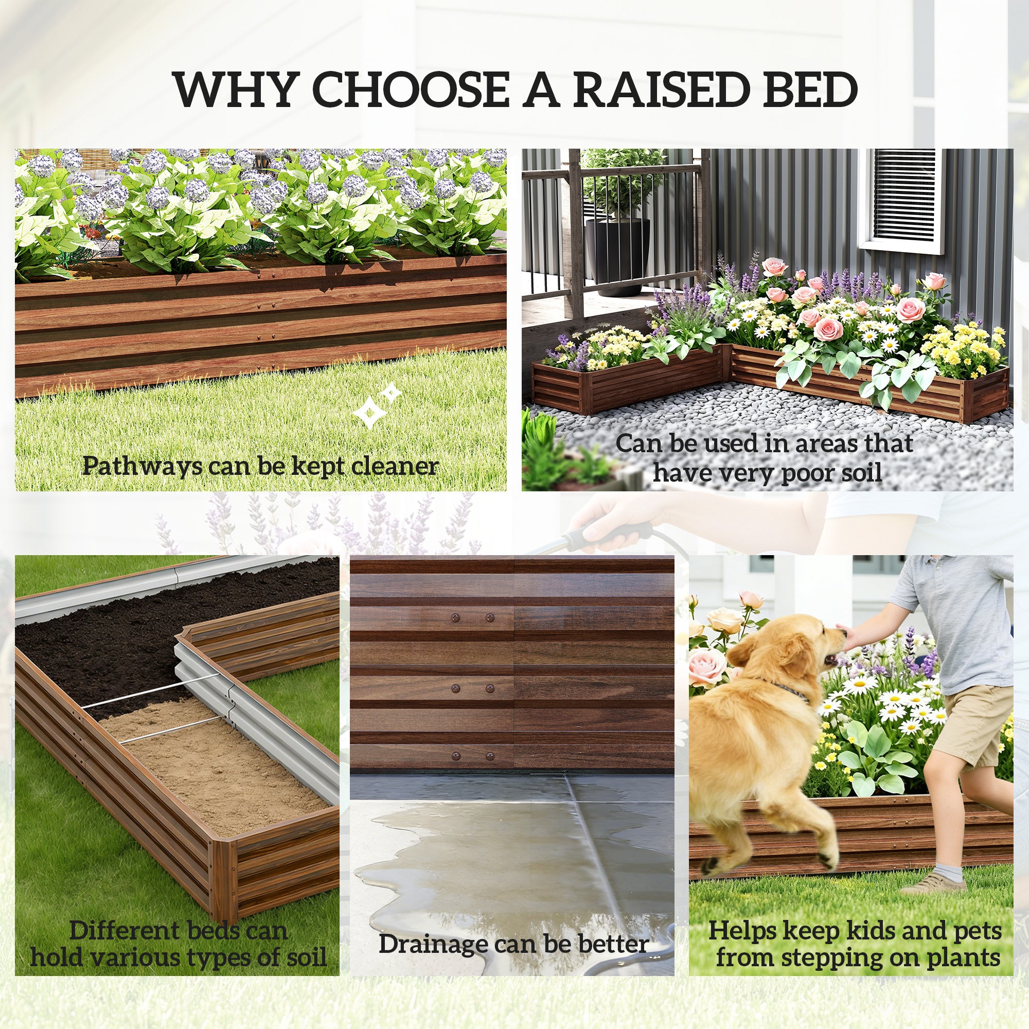L-Shaped Raised Garden Bed, 82" x 109" x 12" Galvanized Steel Planter Box with Multi-reinforced Rods for Vegetables, Flowers and Herbs, Dark Brown Wood Effect