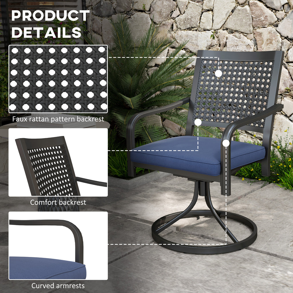 2 Pieces Patio Swivel Chairs with Cushion, Outdoor Swivel Rocker with Curved Armrests, Backrest for Garden, Balcony, Porch, Navy Blue