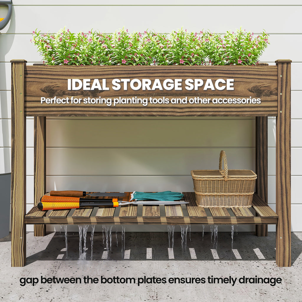 Elevated Planter Box w/ Legs and Storage Shelf, Raised Garden Bed, Elevated Wooden Planter Box, Carbonized
