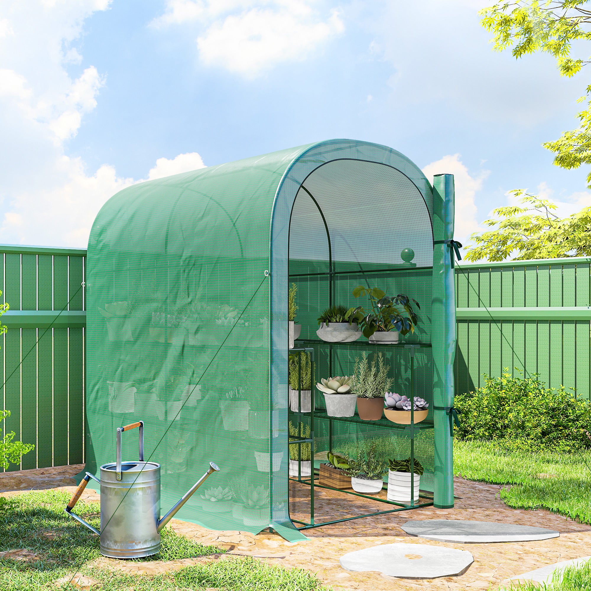 Walk-in Mini Greenhouse with Shelves, Portable Outdoor Greenhouse with Roll-up Door, 123 x 187 x 189 cm, Green
