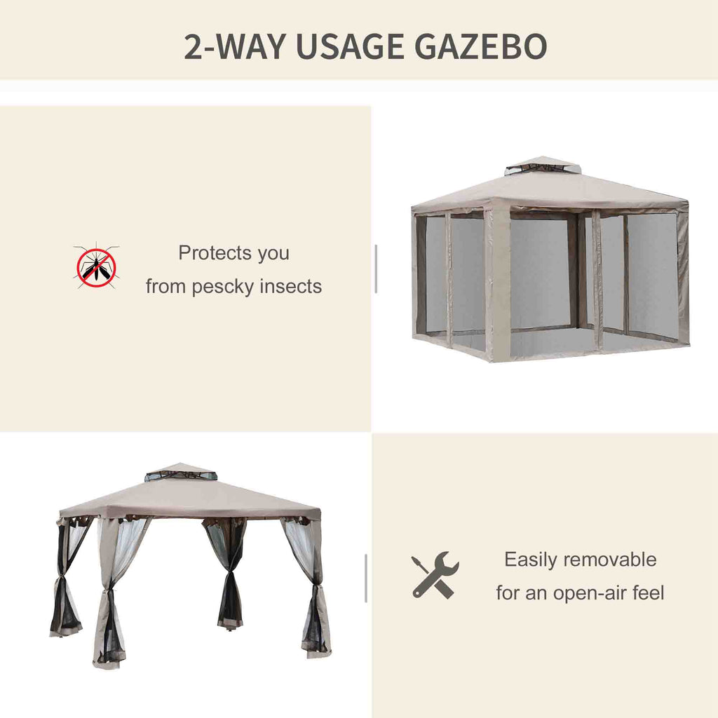 10' x 10' Patio Gazebo Pavilion, 2-Tier Roof Canopy Outdoor Event Party Tent with Steel Frame for Garden, Yard and Sun Shade Use, Brown