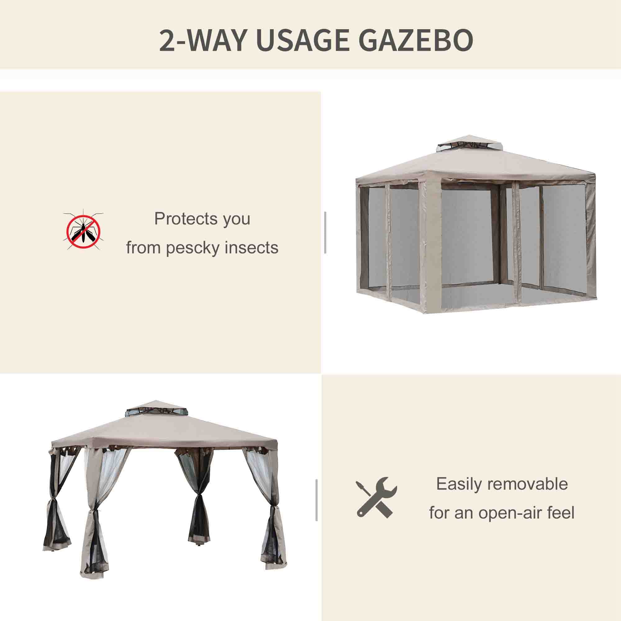 10' x 10' Patio Gazebo Pavilion, 2-Tier Roof Canopy Outdoor Event Party Tent with Steel Frame for Garden, Yard and Sun Shade Use, Brown