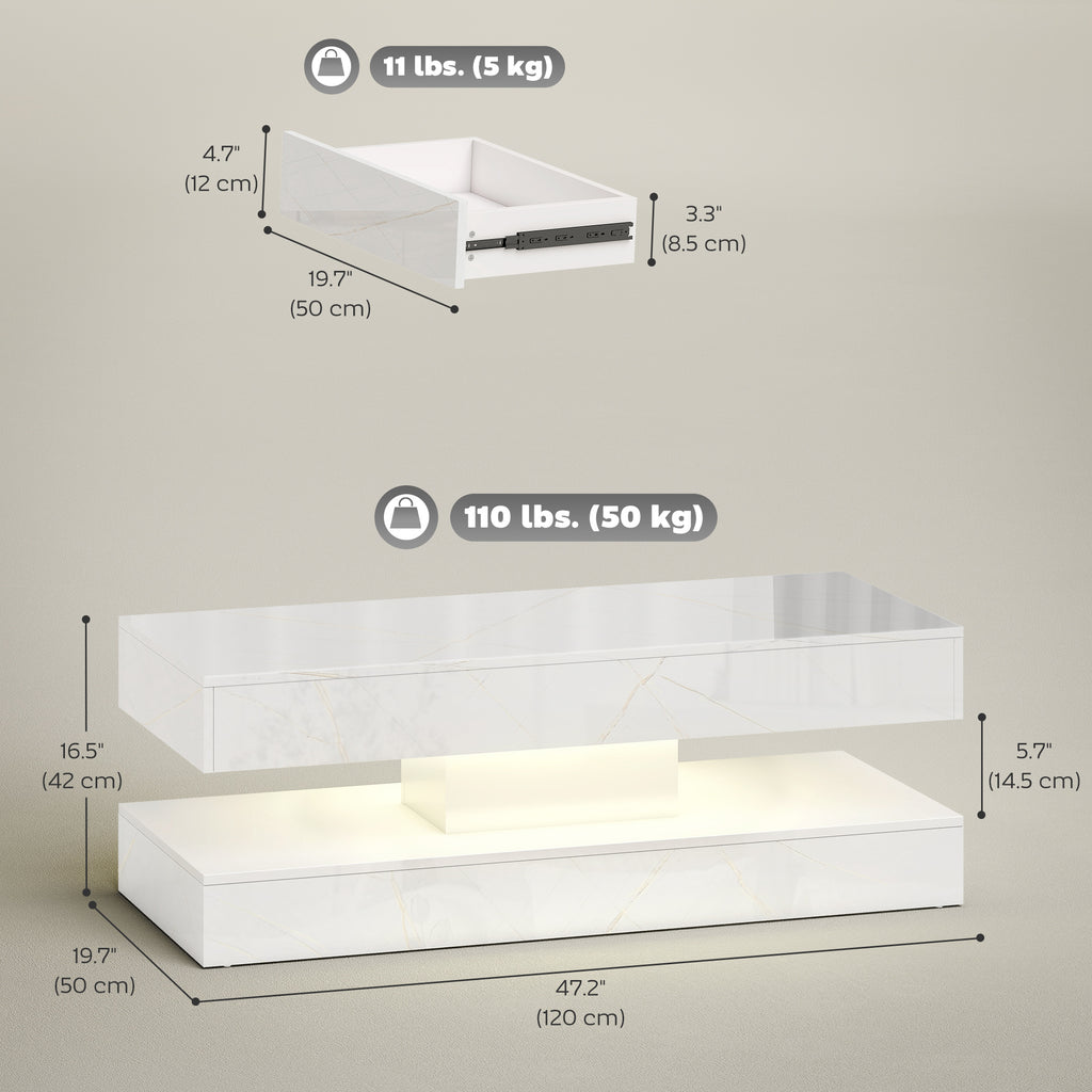 Coffee Table with Adjustable LED Lights, Center Table with 2 Drawers, Open Shelf, Remote, High Gloss Marble-Effect White