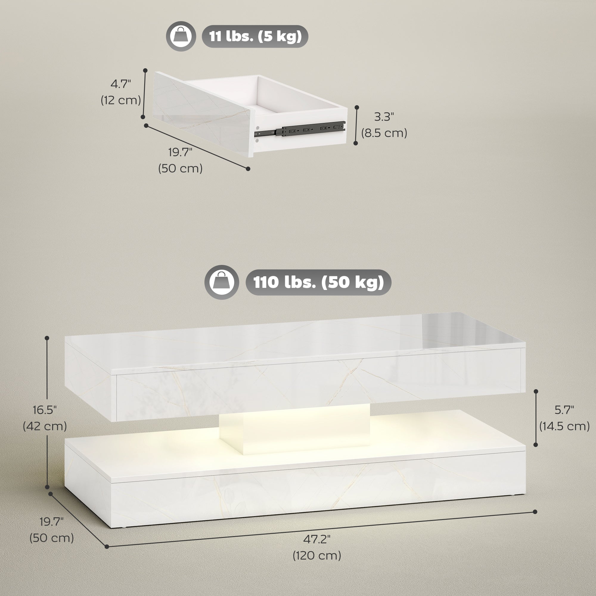 Coffee Table with Adjustable LED Lights, Center Table with 2 Drawers, Open Shelf, Remote, High Gloss Marble-Effect White