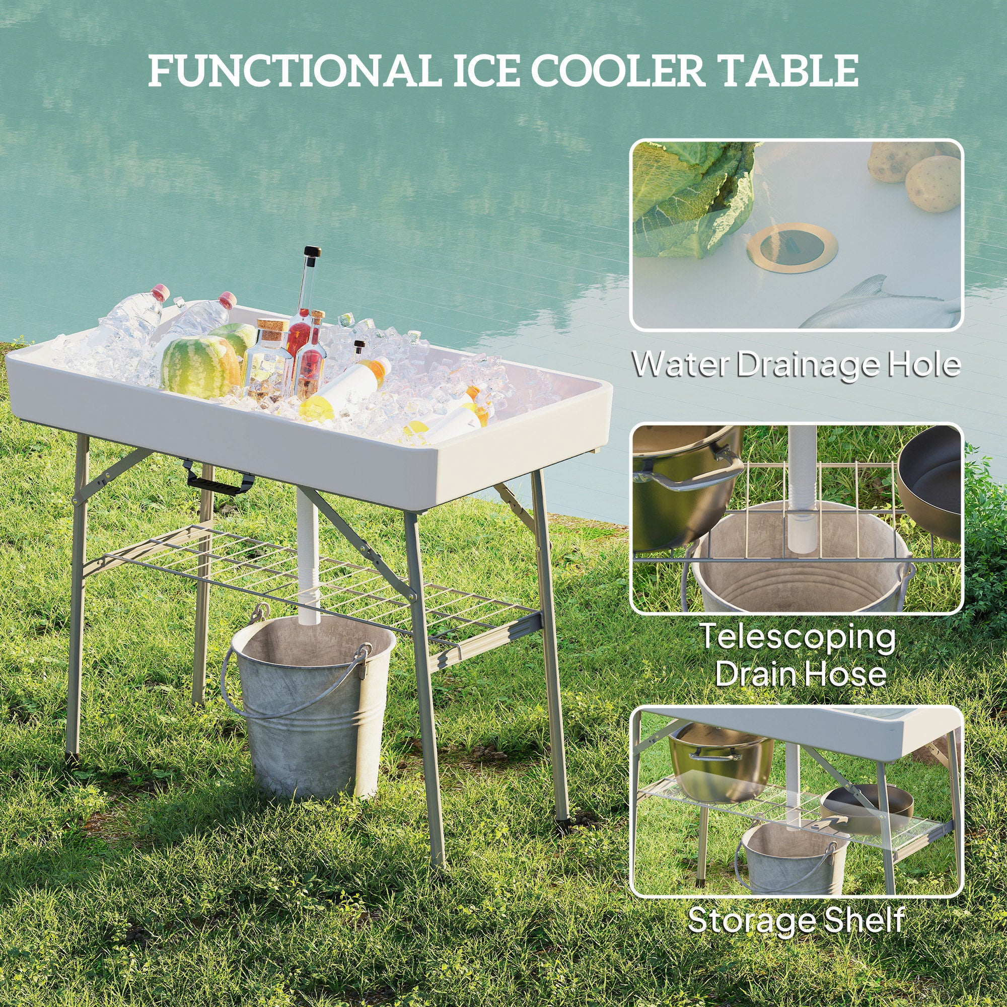 3.4ft Folding Ice Cooler Table with Drain, Outdoor Patio Party Cooler for Drinks, Fishing Cleaning Table with Storage Shelf for Picnic BBQ Camping Wedding, White