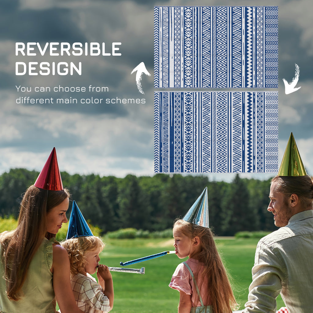 Reversible Outdoor Rug, Patio Floor Mat, 6'x9' Plastic Straw Rug for Backyard Deck, Beach, Camping, Dark Blue and White