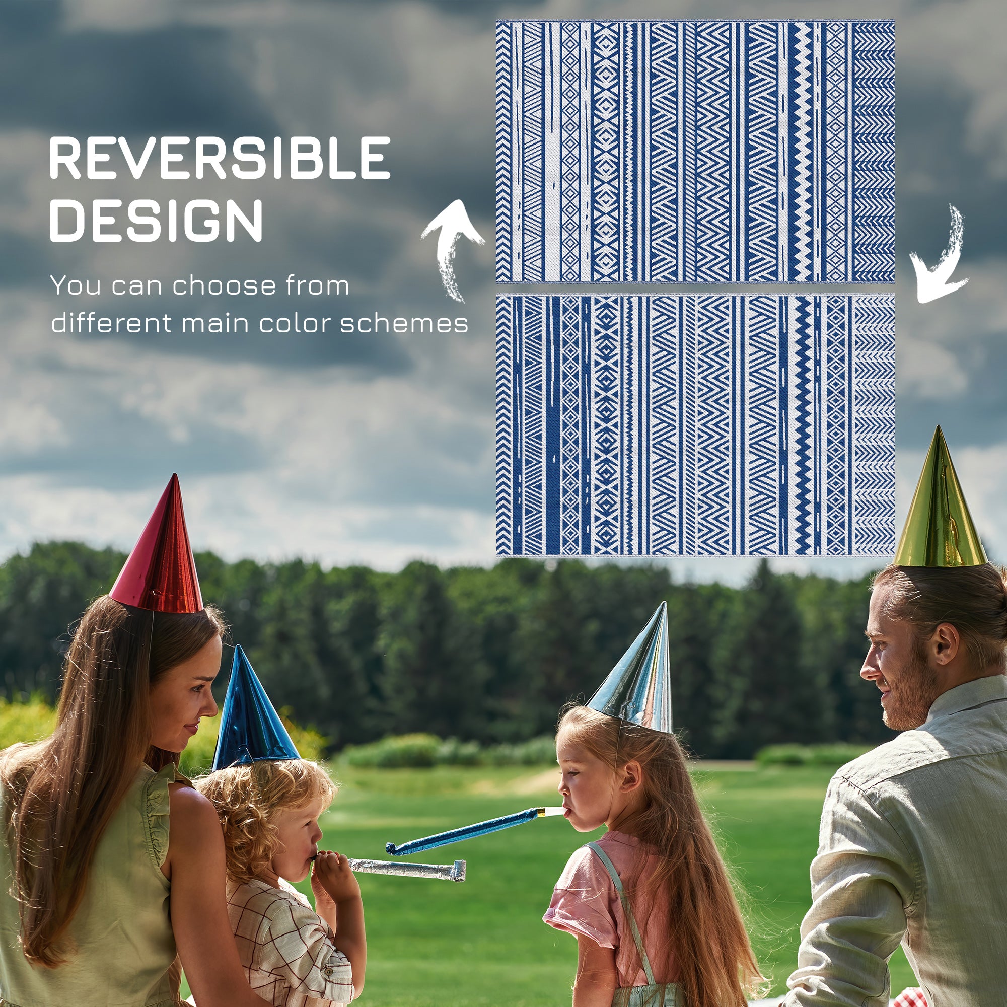 Reversible Outdoor Rug, Patio Floor Mat, 6'x9' Plastic Straw Rug for Backyard Deck, Beach, Camping, Dark Blue and White