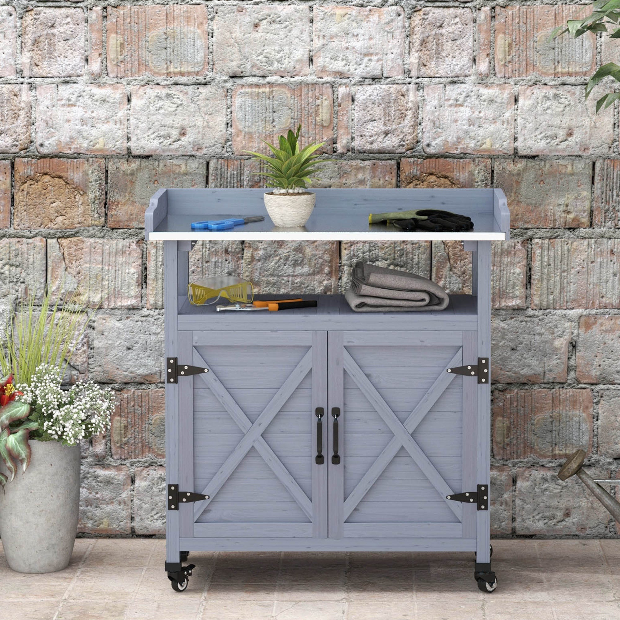 Outdoor Wooden Potting Bench with Storage Cabinet, Aluminum Tabletop, Rubber Wheels for Backyard, Patio, Balcony, Grey