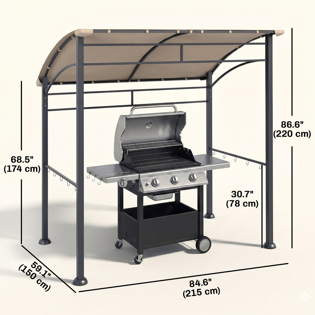 7' x 5' BBQ Grill Gazebo Tent, Garden Grill Canopy with Steel Frame and Hooks, Outdoor Sun Shade, Khaki
