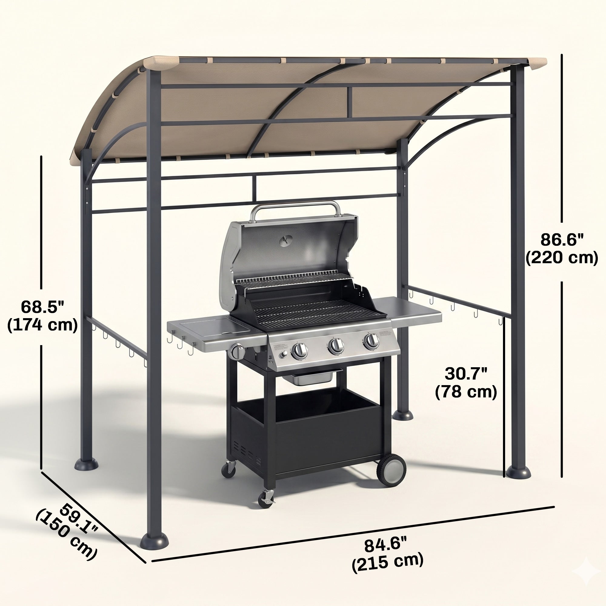 7' x 5' BBQ Grill Gazebo Tent, Garden Grill Canopy with Steel Frame and Hooks, Outdoor Sun Shade, Khaki
