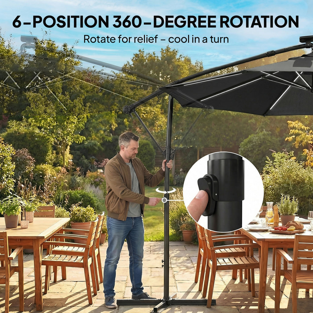 10 ft Offset Patio Umbrella with Solar Light, Garden Hanging Parasol with 360Â° Rotation, Tilt, Cover, Black