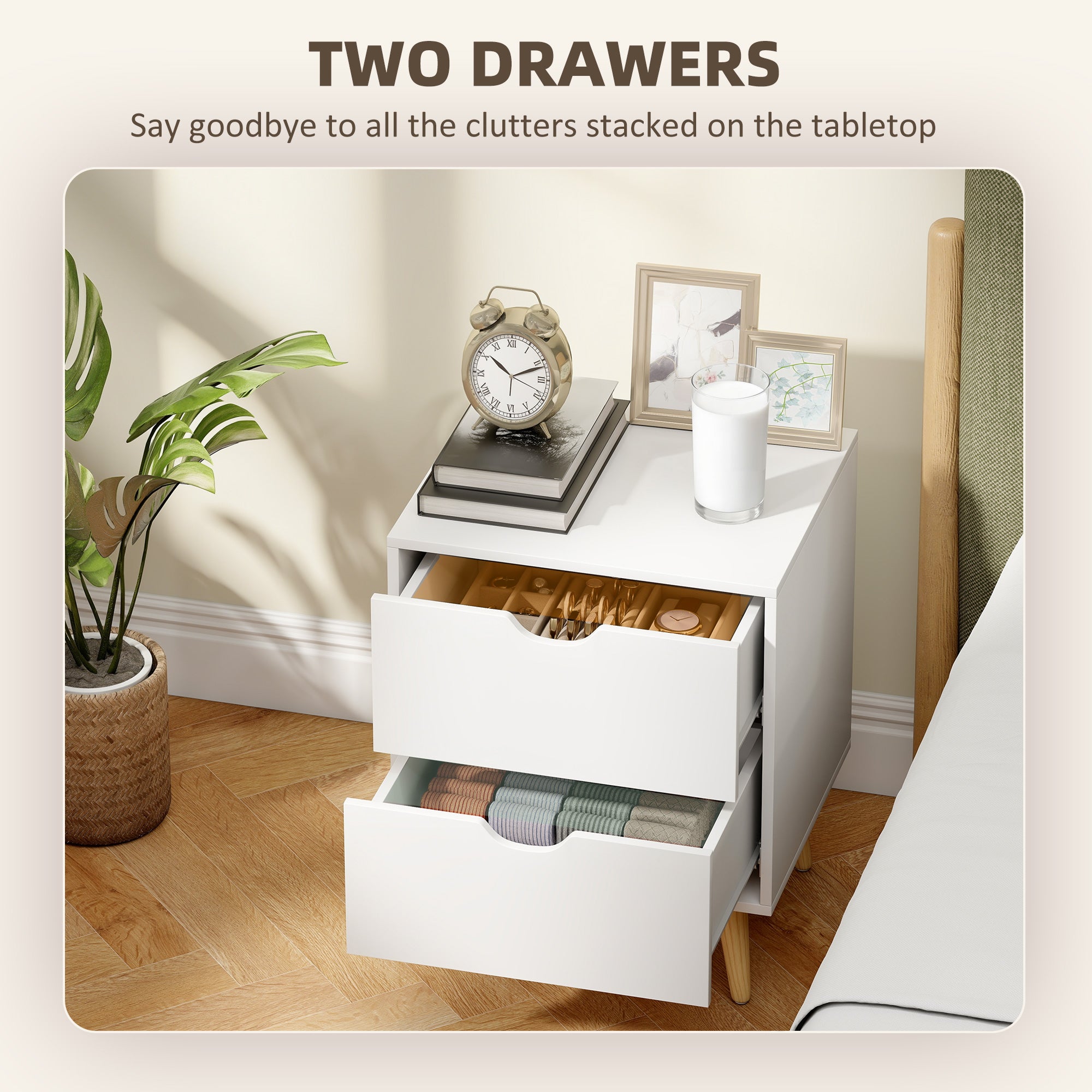 Modern Bedside Table Set of 2, Nightstand with 2 Drawers and Pine Wood Legs for Bedroom, White