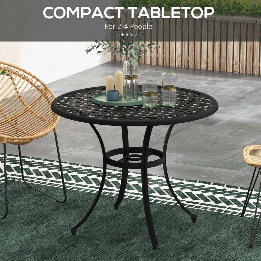 35.5" Round Outdoor Dining Table for 2-4, Cast Aluminum Garden Patio Table with 2" Umbrella Hole, Grid Top, Black