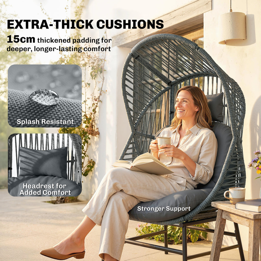 Wicker Egg Chair, 330 lbs Outdoor Rattan Lounge Chair with Thick Cushion, Headrest, Steel Frame, Dark Grey