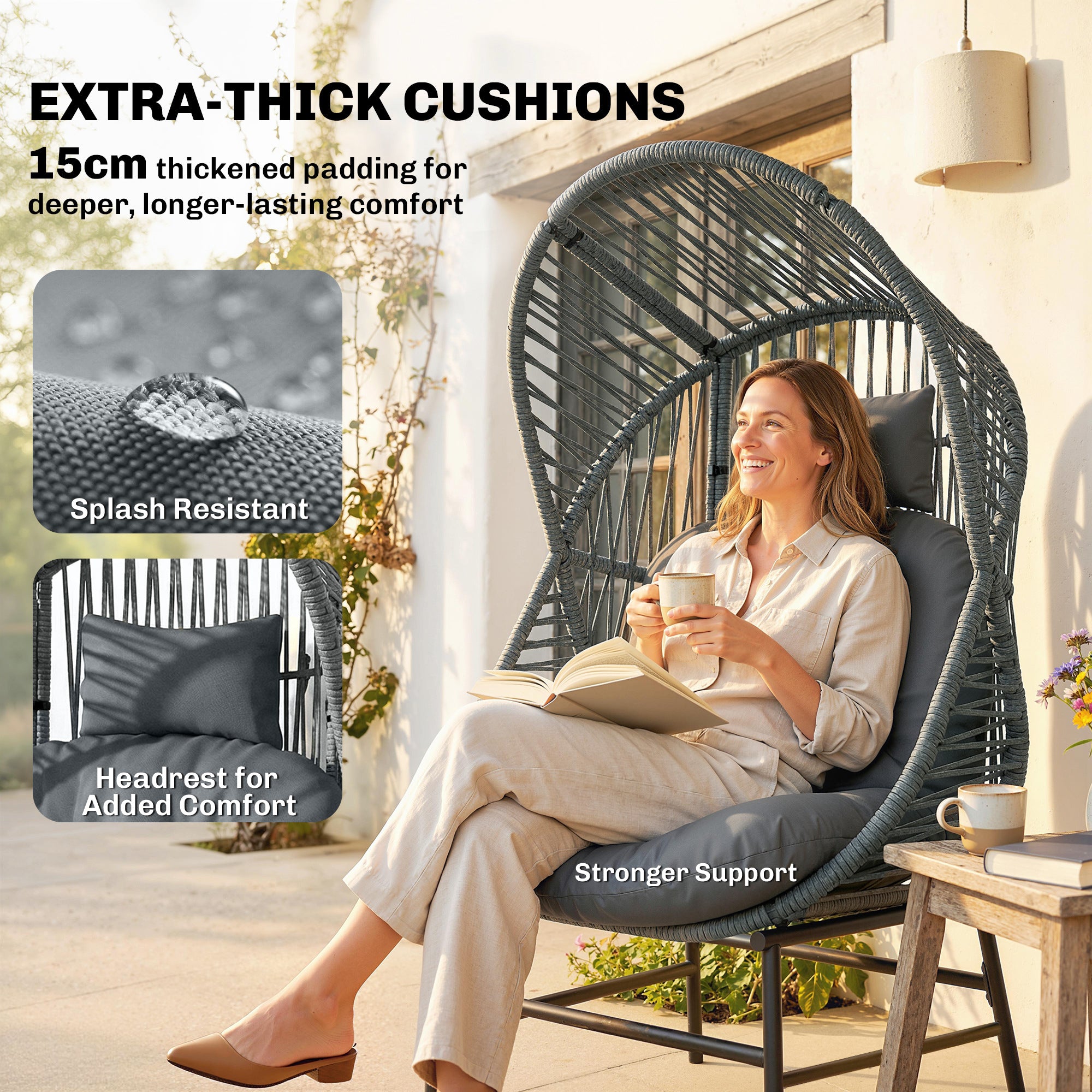 Wicker Egg Chair, 330 lbs Outdoor Rattan Lounge Chair with Thick Cushion, Headrest, Steel Frame, Dark Grey