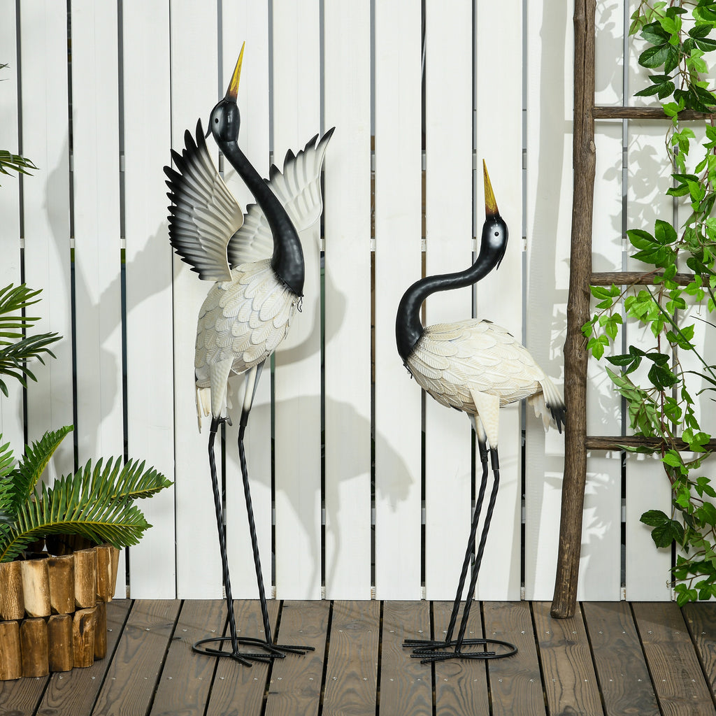 Set of 2 Garden Sculptures Heron Statues Lawn Patio Backyard Ornaments, 35.4"-40.6", White and Black