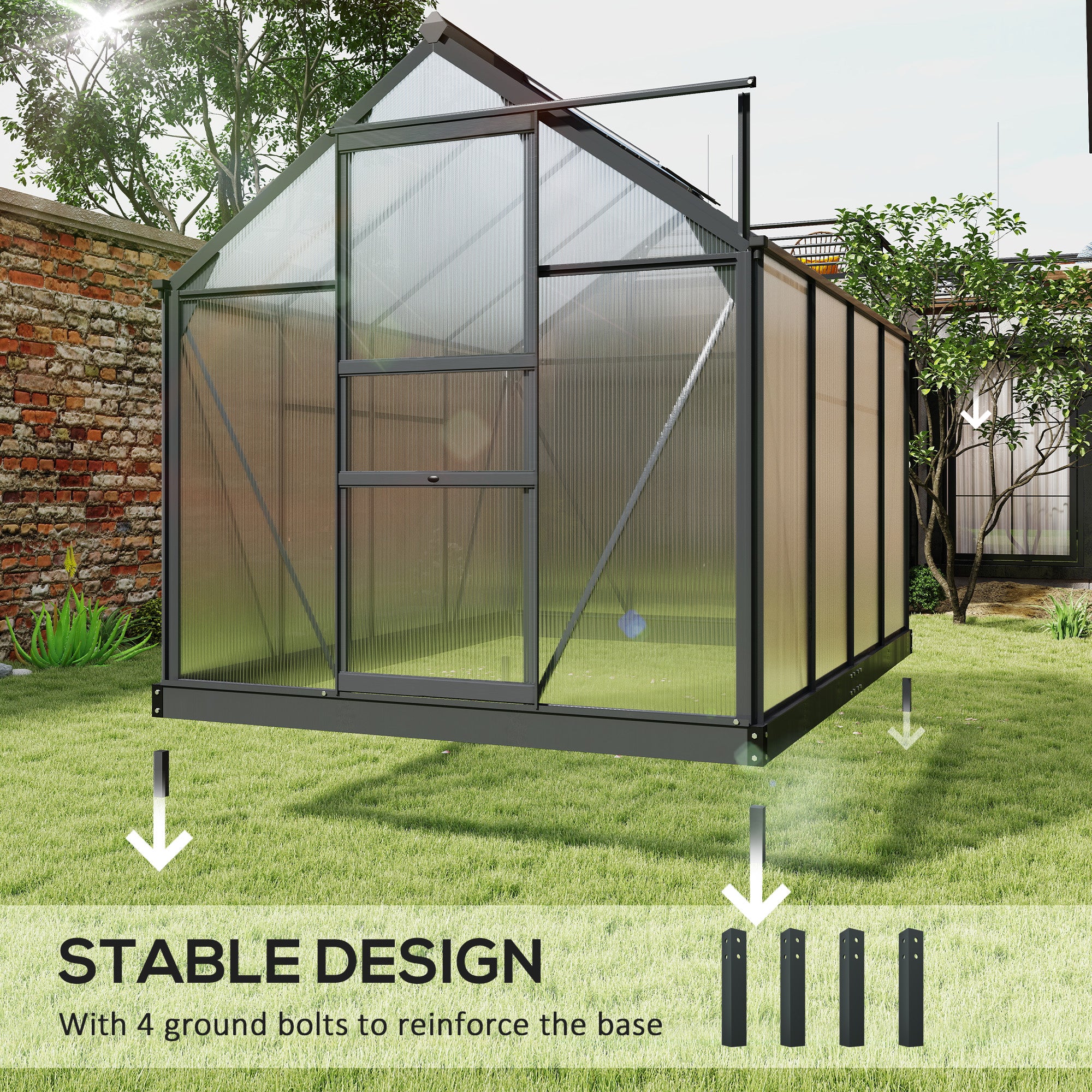 Greenhouse Kit with Rooftop vent, PC Board and Sliding Door, 6.2' x 8.3' x 6.6' Garden Greenhouse, Grey