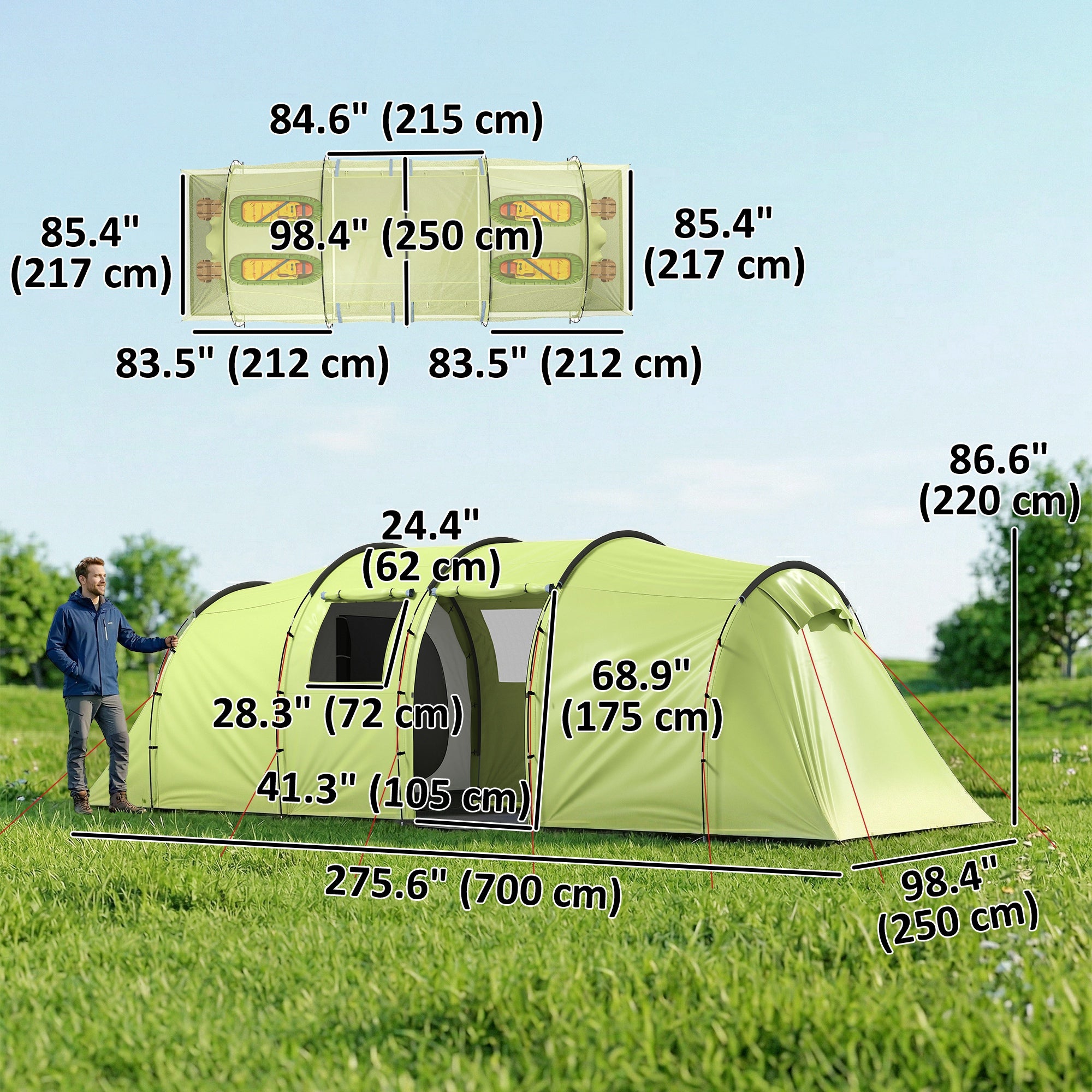 6 Person Camping Tent with Porch, Large Family Tent with 2 Bedroom and Living Room, Light Green