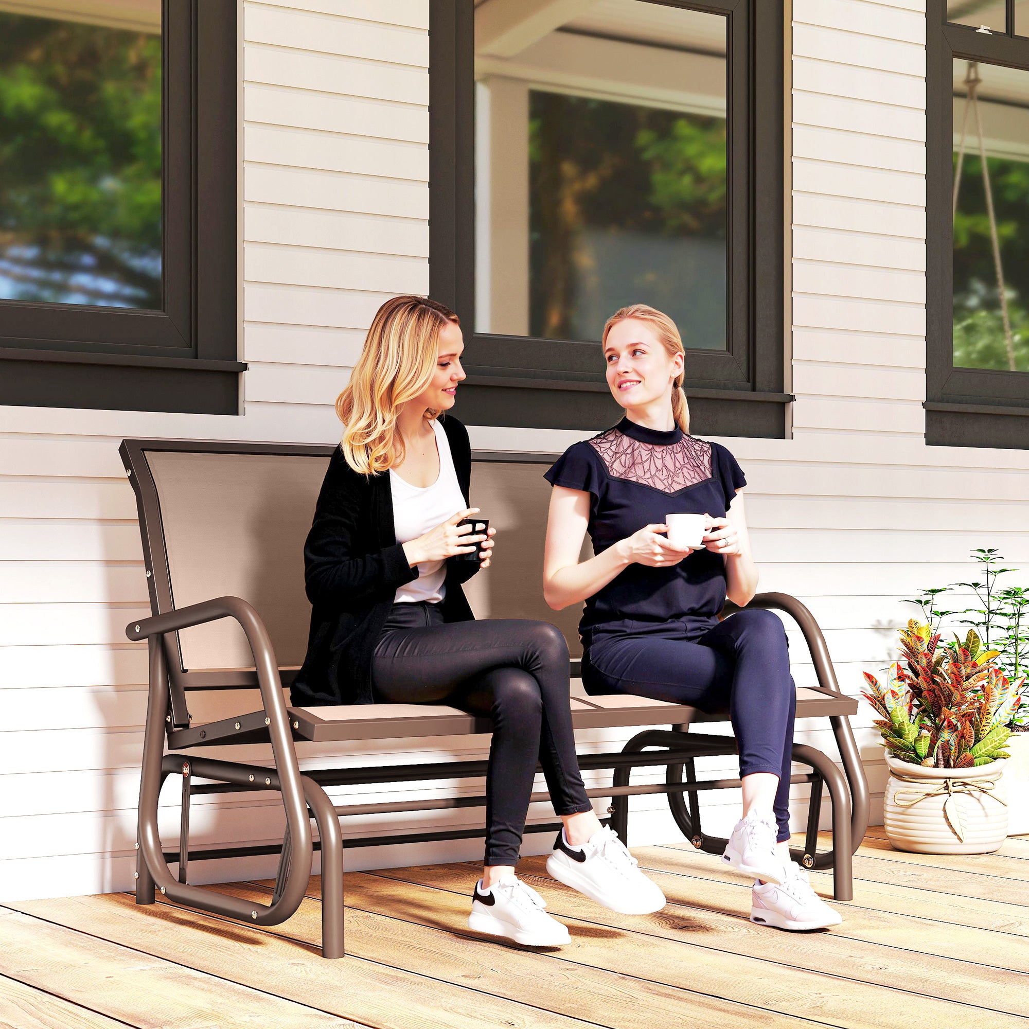 Outdoor Glider Bench, 2 Person Patio Glider Chair, Gliding Outdoor Garden Loveseat Swing Bench with Breathable Mesh Fabric, Steel Frame for Backyard, Porch, Coffee Brown
