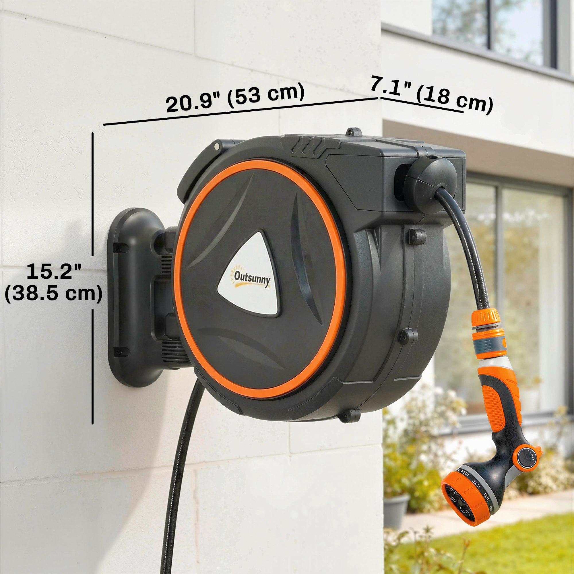 Retractable Garden Hose Reel, 1/2" x 59ft Wall Mounted Hose Reel with 12-Pattern Nozzles, Auto Retraction, Self-Locking