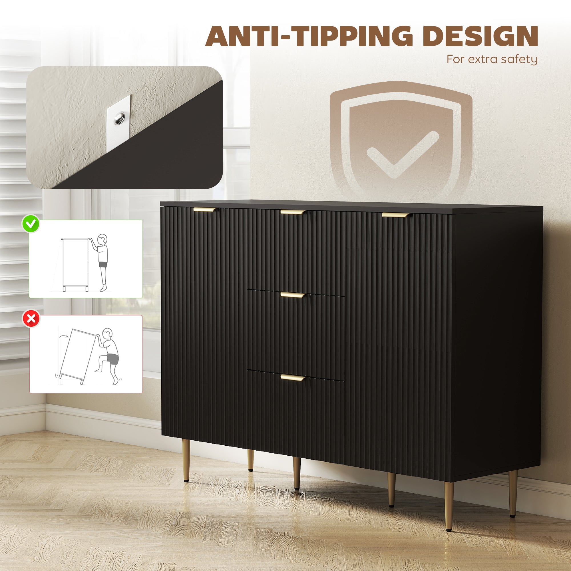 Modern Kitchen Storage Cabinet, Sideboard Buffet Cabinet w/ 3 Drawers and Adjustable Shelves for Kitchen Hallway, Black
