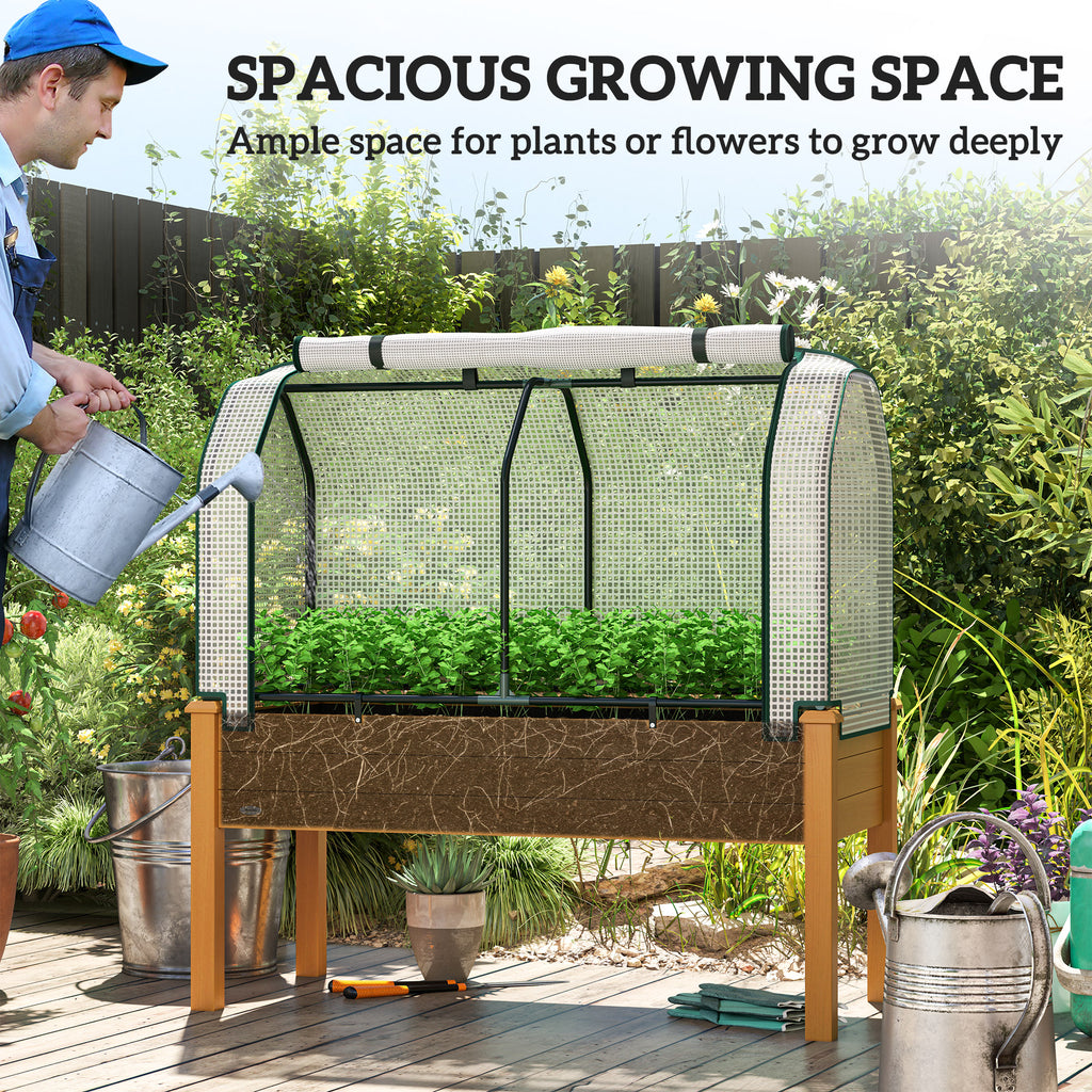 Raised Garden Bed with PE Greenhouse Cover Outdoor Elevated Wood Planter Box for Herbs and Vegetables Sand