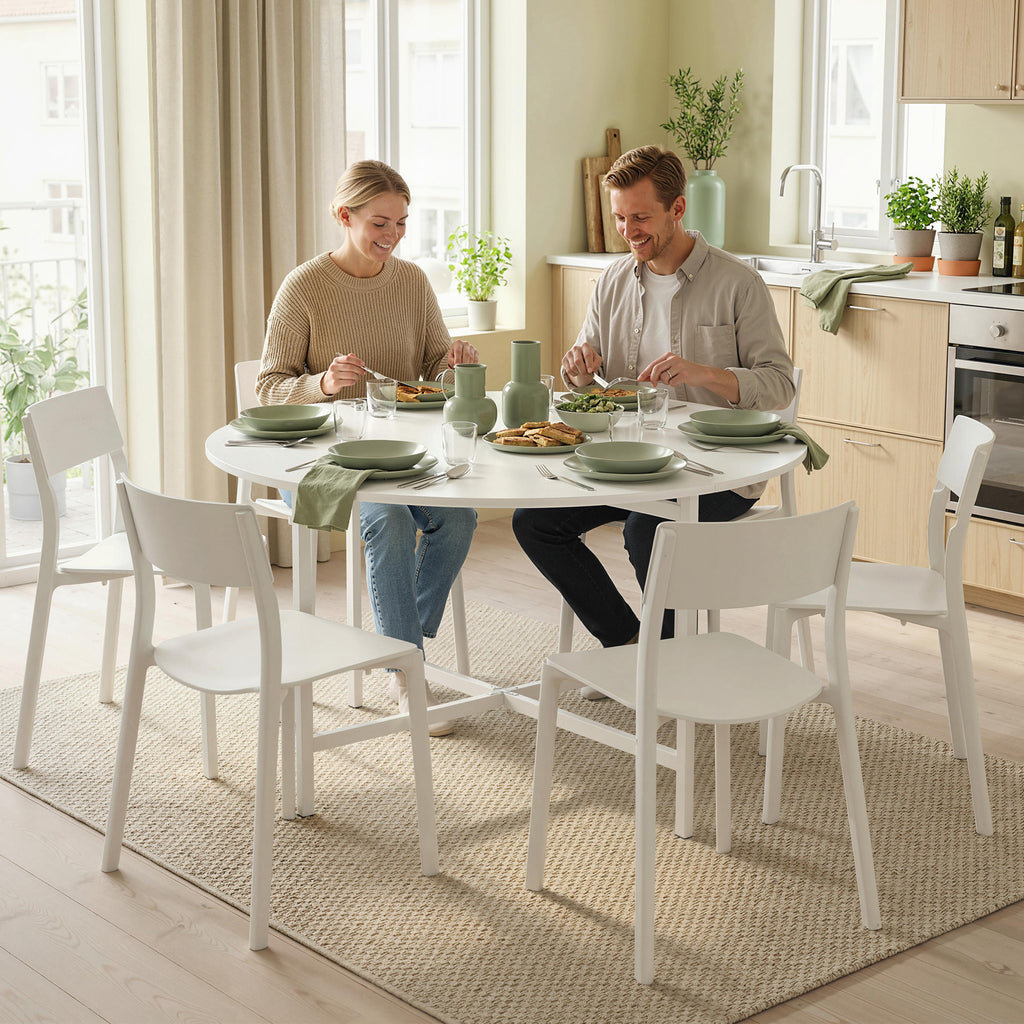 Folding Dining Table for 3-6 People, 47" Round Drop Leaf Kitchen Table with Steel Frame, White