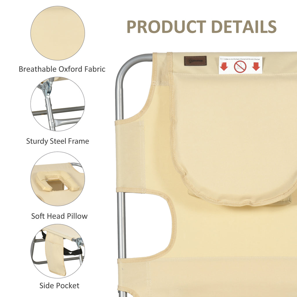 Folding Outdoor Lounge Chair, 5-Level Tanning Chair with Face Hole, Side Pocket, Carry Strap for Beach Pool, Beige
