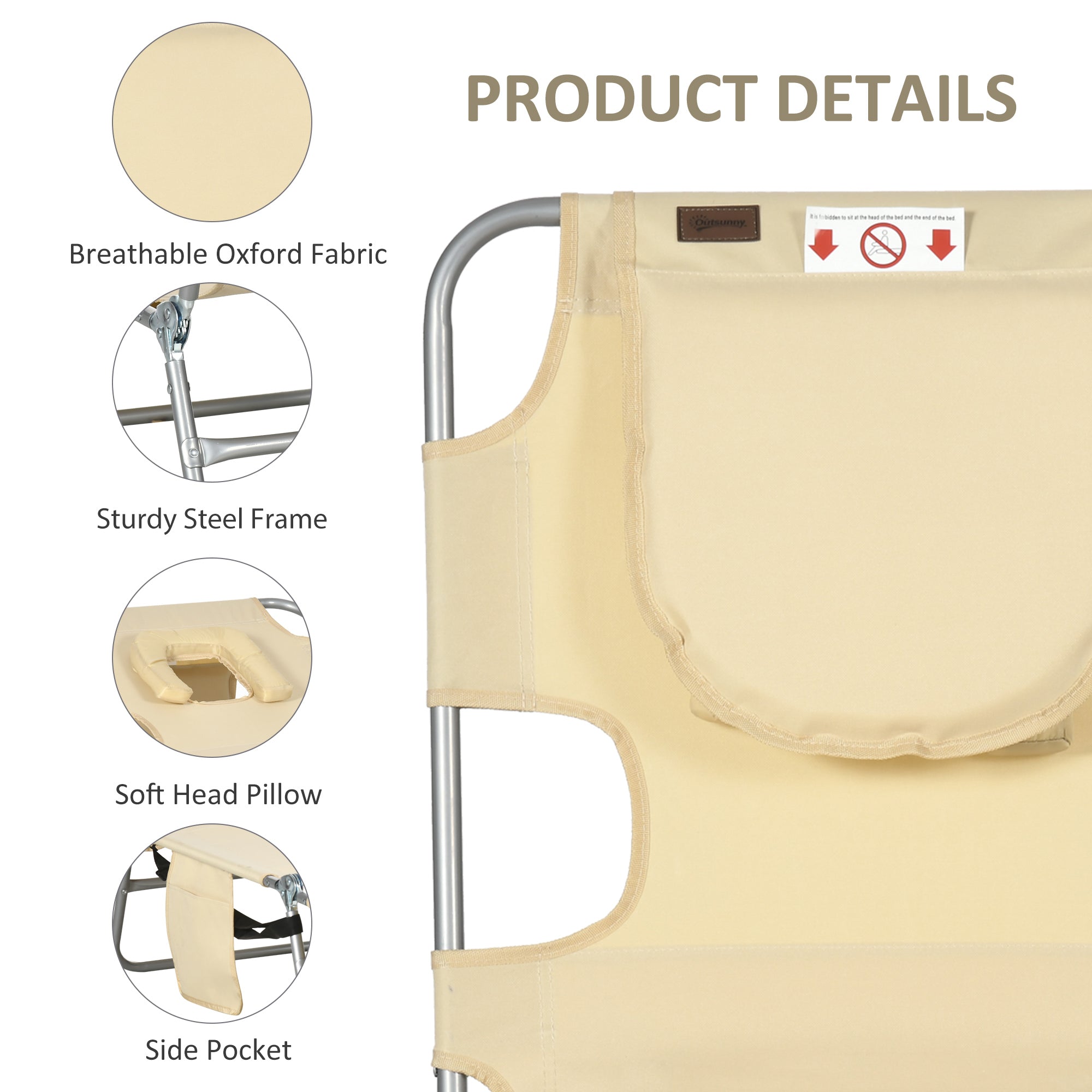 Folding Outdoor Lounge Chair, 5-Level Tanning Chair with Face Hole, Side Pocket, Carry Strap for Beach Pool, Beige