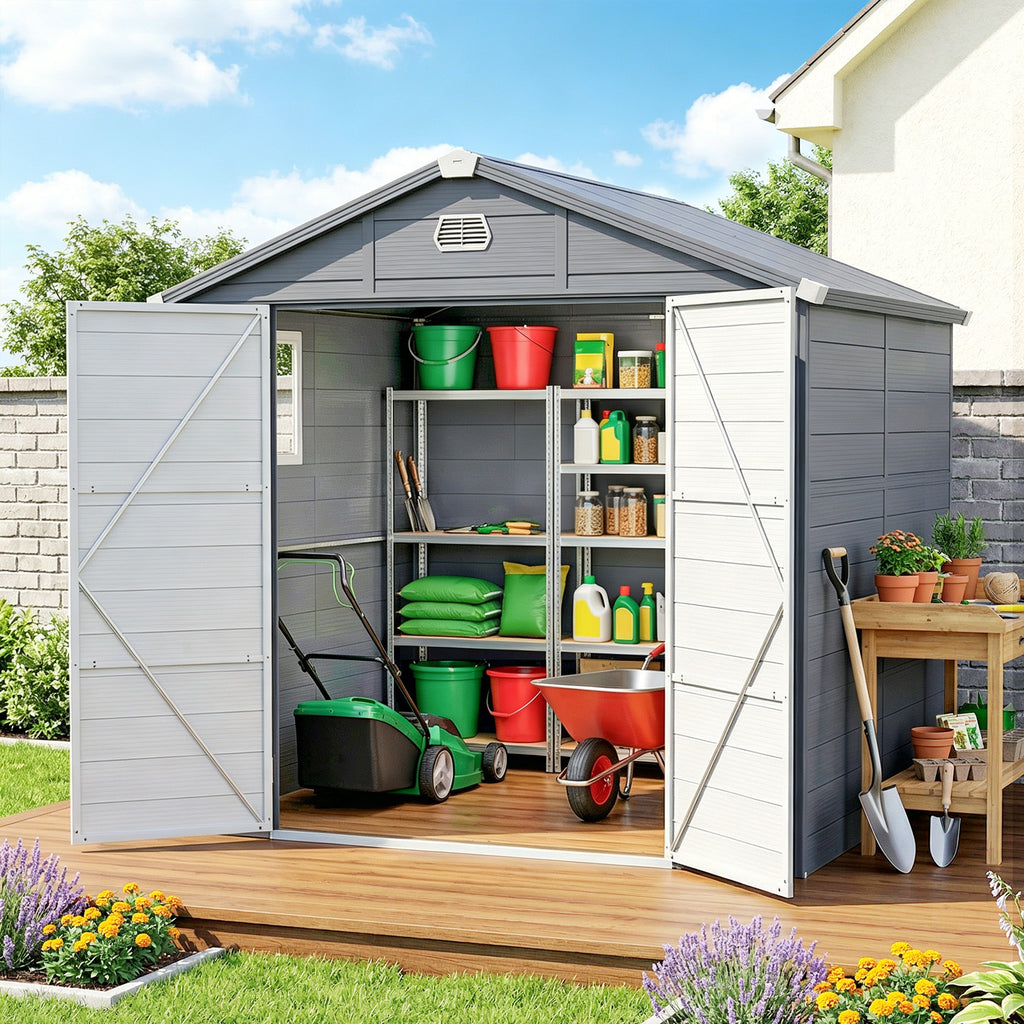 8' x 6' PP Garden Storage Shed with Latch Door, Vents, Window, Sloped Roof, Dark Grey