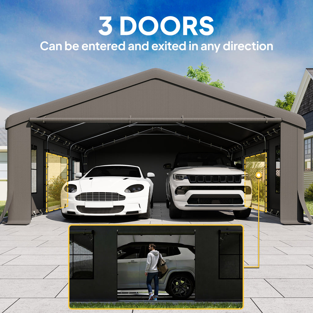 20' x 20' Heavy Duty Carport, Portable Garage Car Canopy Tent Shelter with 3 Roll-up Doors, 4 Windows, Dark Grey