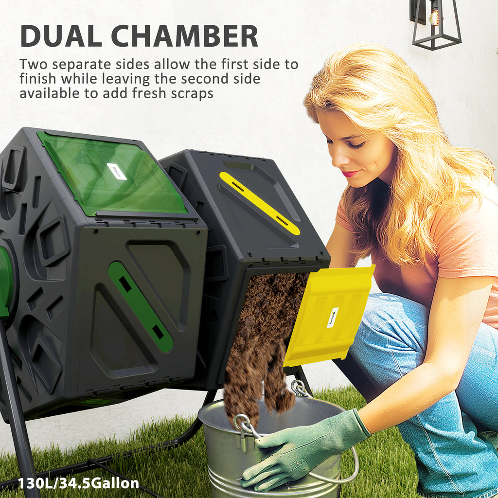Rotating Composter, Dual Chamber Compost Bin with 24 Vents and Steel Legs, 34.5 Gallon, Yellow and Green