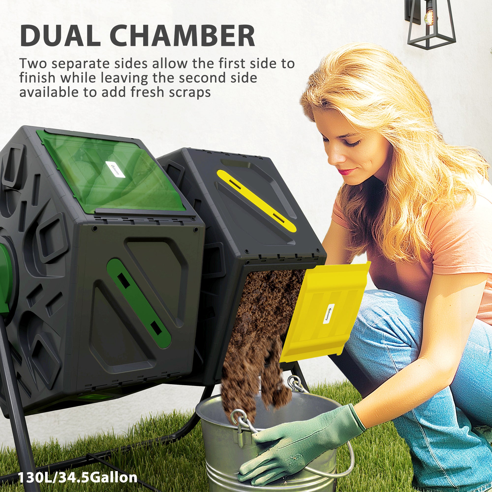 Rotating Composter, Dual Chamber Compost Bin with 24 Vents and Steel Legs, 34.5 Gallon, Yellow and Green