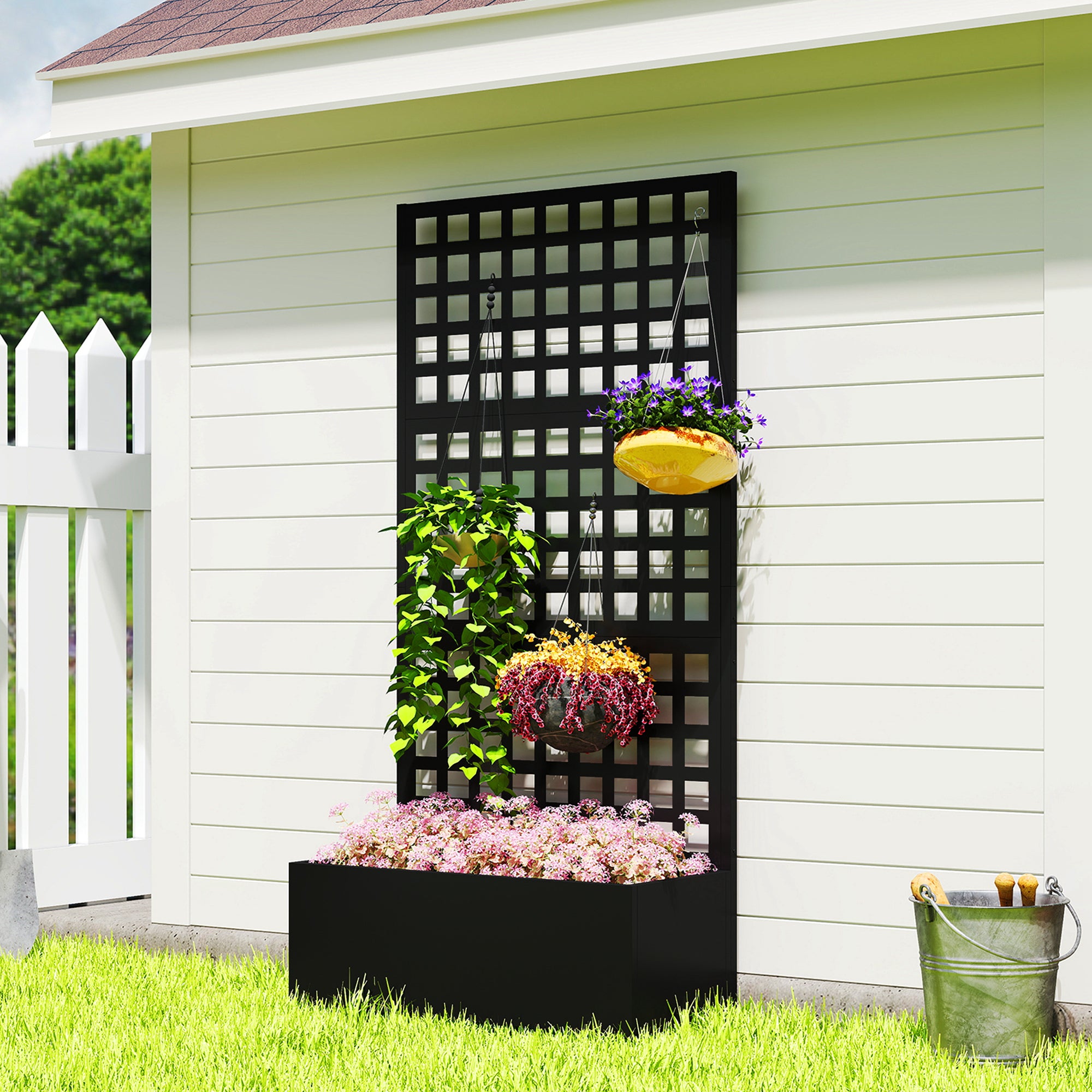 Galvanized Raised Garden Bed Planter Box with Trellis for Climbing Plants, Vegetable, Vines, 35" x 16" x 70", Black
