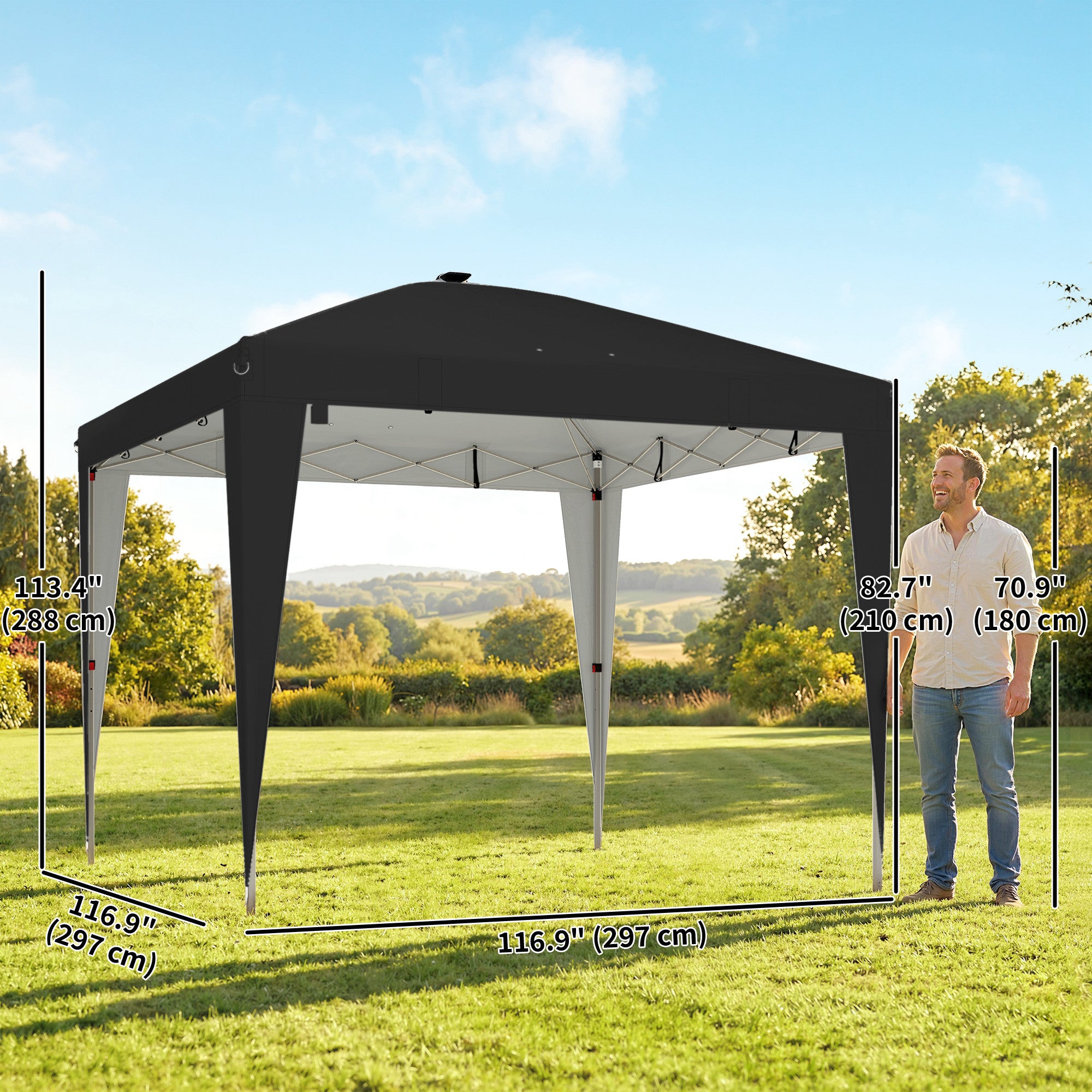 10 x 10 ft Pop Up Canopy Tent with Central Light, UPF 50+ Instant Portable Canopy Shelter with Remote, Black