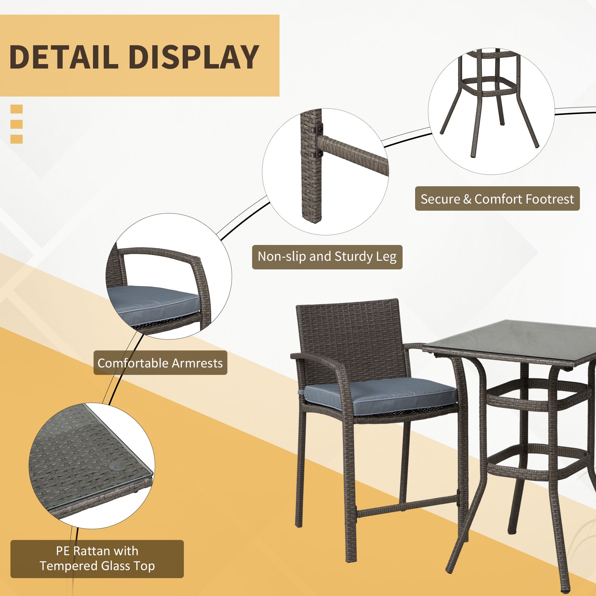 3 Pieces Patio Bar Set Wicker Garden Bistro Set Outdoor Furniture PE Rattan Table and Stools with Seat Cushion, Grey